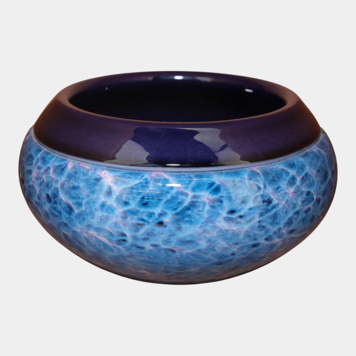 Curtis Brock Studio Art Glass Blue Mottled Swirling Body Bowl With Indigo Rim