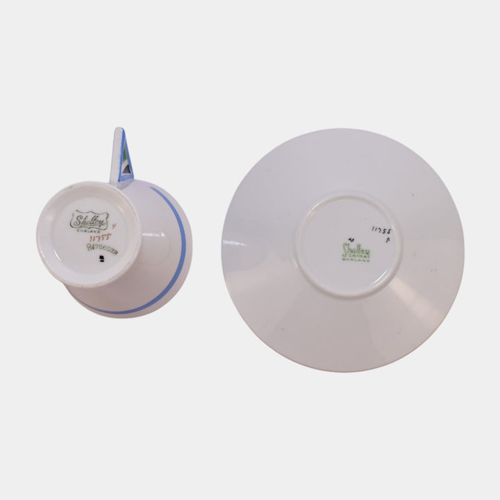 Shelley Vouge English 1930s Art Deco Porcelain Blue Rim Demitasse Cup & Saucer